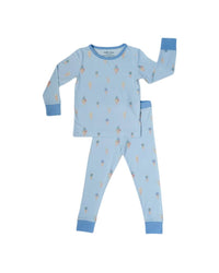 A two-piece children's pajama set in light blue, featuring a long-sleeve top and matching pants with an all-over ice cream cone print and solid blue cuffs and collar.