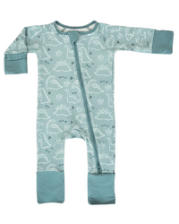 A baby long-sleeve footed sleeper in a dusty teal color, featuring a white dinosaur pattern and solid teal cuffs and leg cuffs, shown flat on a white background.