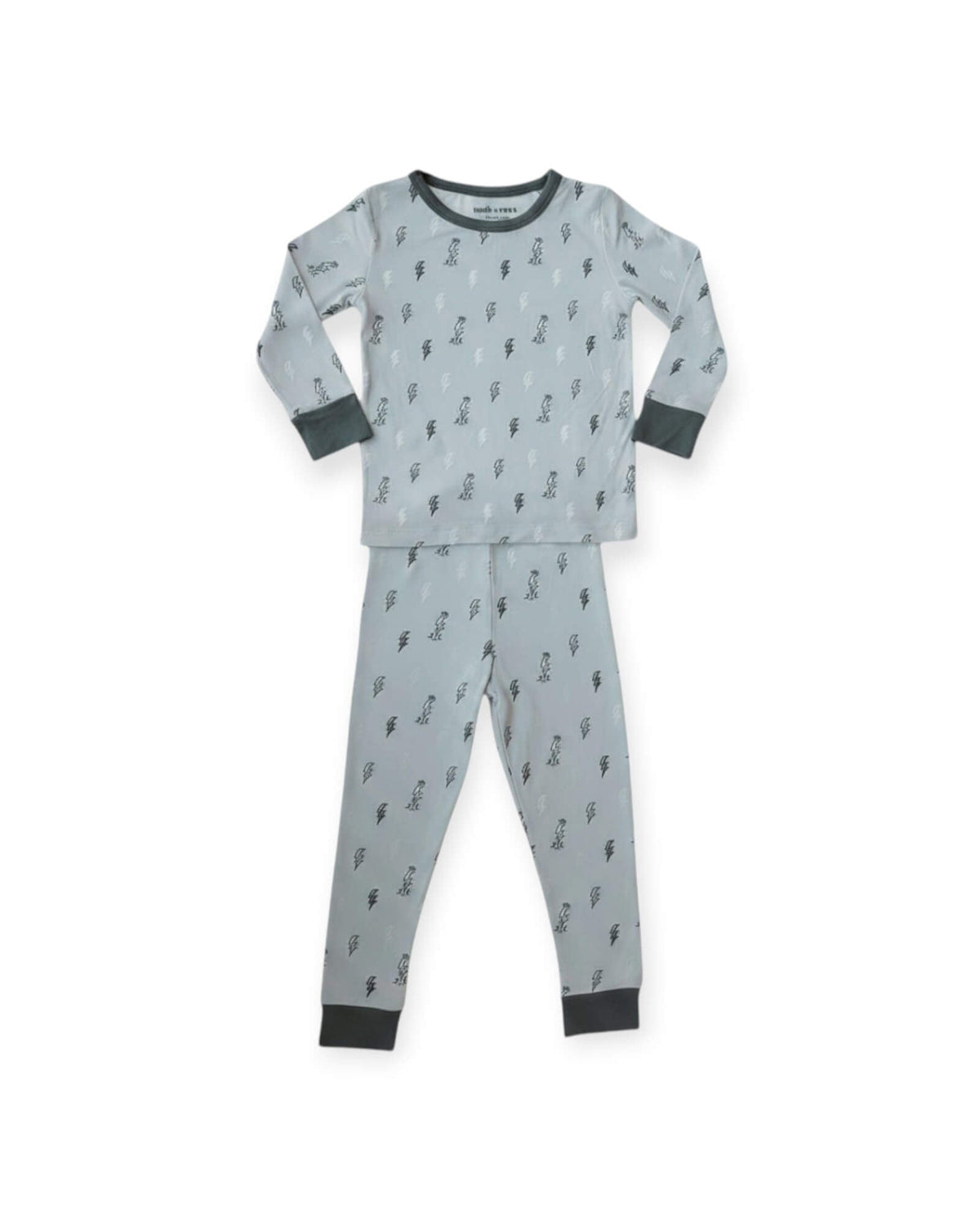 A two-piece children's pajama set featuring a light gray long-sleeve top and matching pants, both printed with a small dark gray pattern, finished with dark gray ribbed cuffs and collar.