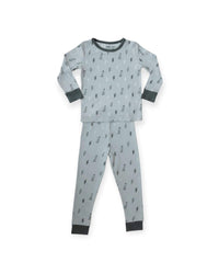 A two-piece children's pajama set featuring a light gray long-sleeve top and matching pants, both printed with a small dark gray pattern, finished with dark gray ribbed cuffs and collar.