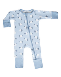 A baby long-sleeve footed sleeper in light blue, featuring an all-over print of white sheep with dark blue faces and a matching light blue zipper down the front.