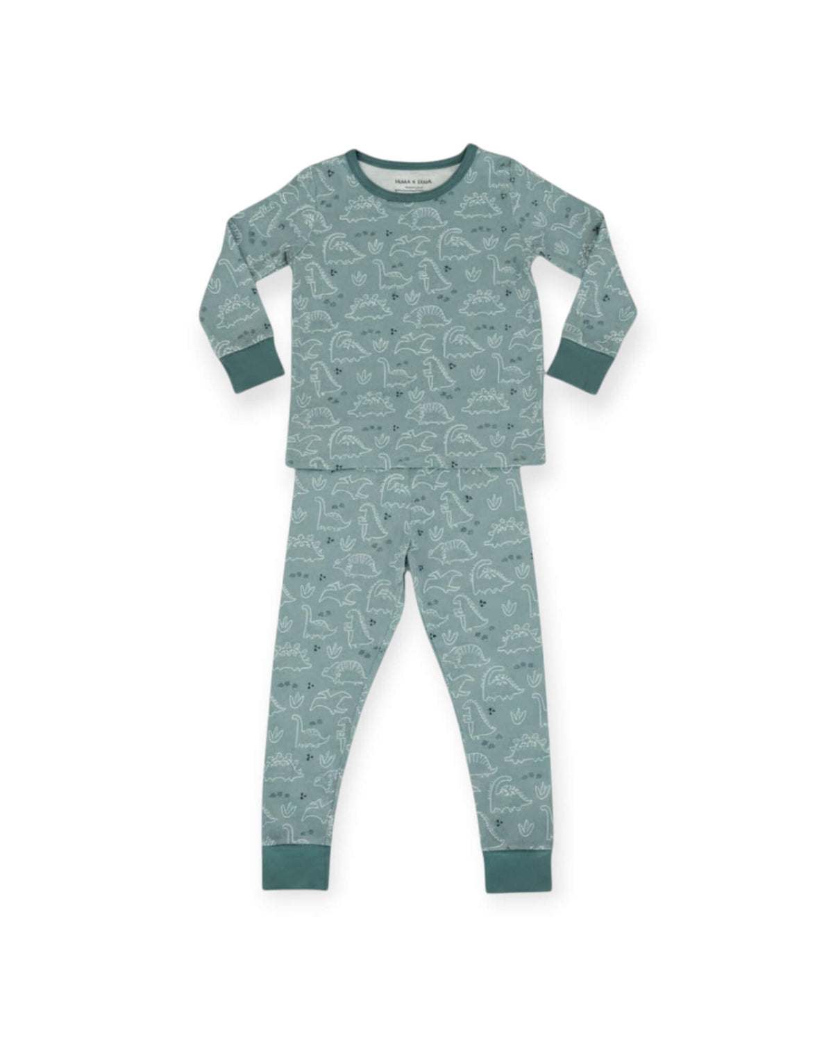 A two-piece children's pajama set featuring a long-sleeve top and matching pants in a dusty teal-green color with a repeating dinosaur pattern, finished with solid dark teal cuffs and collar.