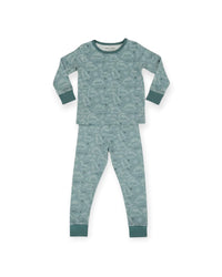 A two-piece children's pajama set featuring a long-sleeve top and matching pants in a dusty teal-green color with a repeating dinosaur pattern, finished with solid dark teal cuffs and collar.