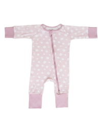 A light pink long-sleeve baby footless sleeper with a white floral pattern, pink cuffs, and a front zipper, shown flat on a white background.