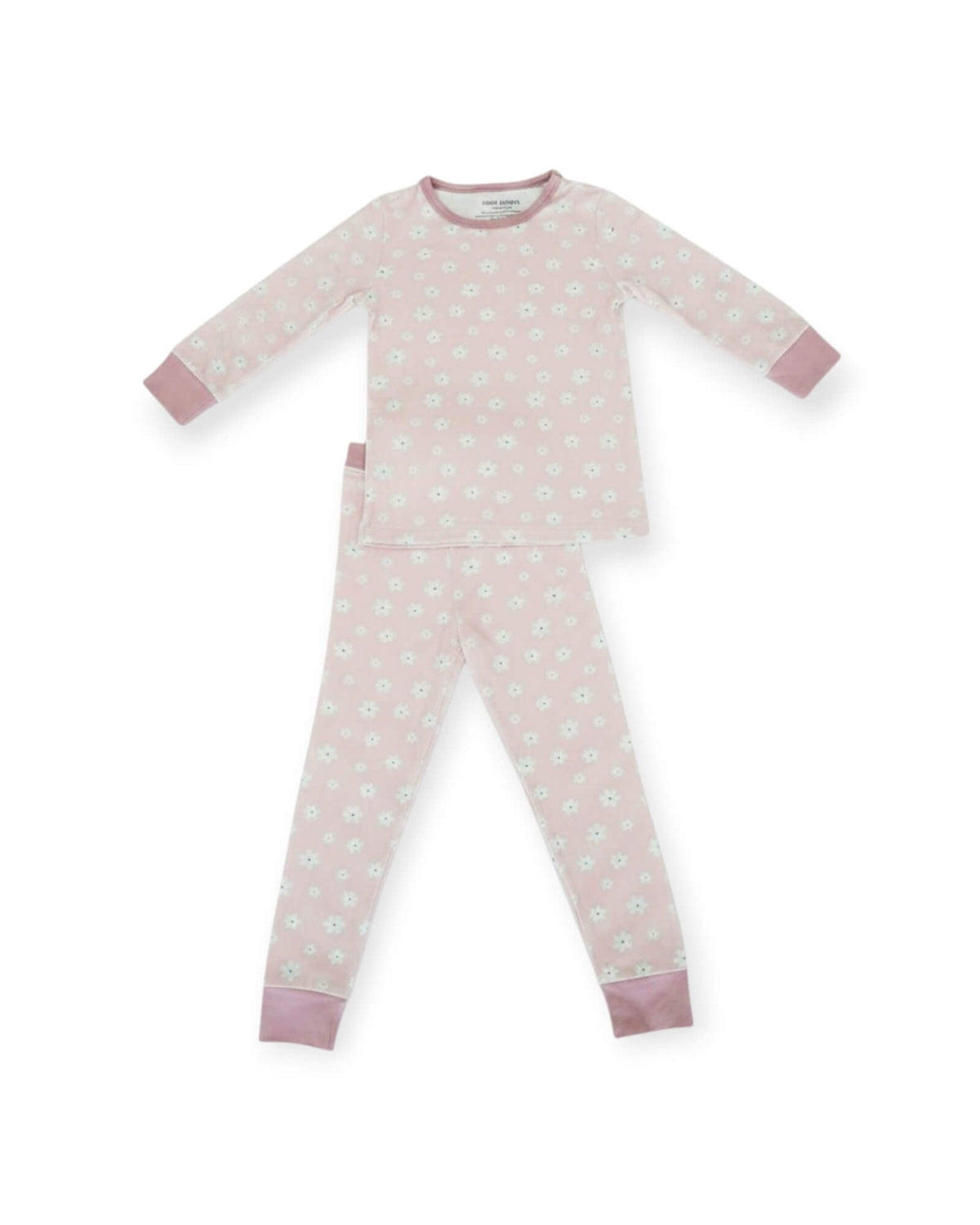 A two-piece children's pajama set in light pink, featuring a long-sleeve top and matching pants with a small white floral pattern and solid pink cuffs and collar.