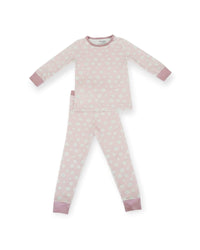 A two-piece children's pajama set in light pink, featuring a long-sleeve top and matching pants with a small white floral pattern and solid pink cuffs and collar.