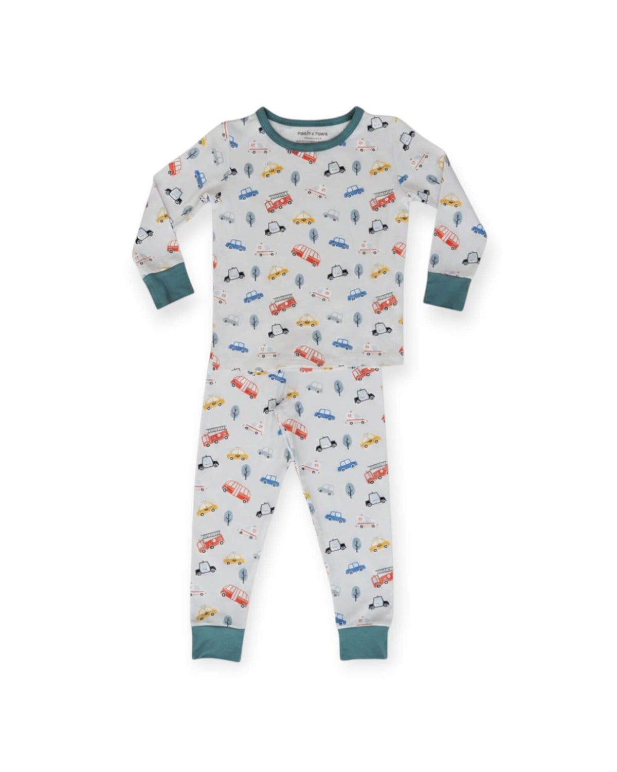 A two-piece baby pajama set featuring a long-sleeve top and matching pants. The pajamas have a white base with a playful print of colorful toy cars, trees, and animals, accented with teal green trim on the collar, cuffs, and ankles.