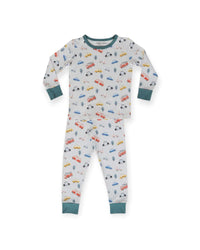 A two-piece baby pajama set featuring a long-sleeve top and matching pants. The pajamas have a white base with a playful print of colorful toy cars, trees, and animals, accented with teal green trim on the collar, cuffs, and ankles.