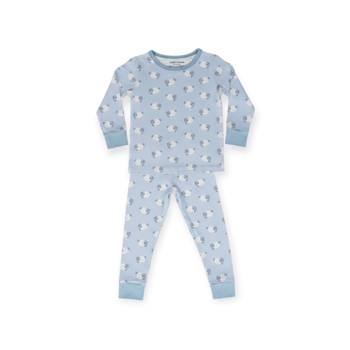 A two-piece baby pajama set in light blue, featuring a long-sleeve top and matching pants with an all-over sheep print and solid light blue cuffs and collar.
