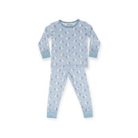 A two-piece baby pajama set in light blue, featuring a long-sleeve top and matching pants with an all-over sheep print and solid light blue cuffs and collar.
