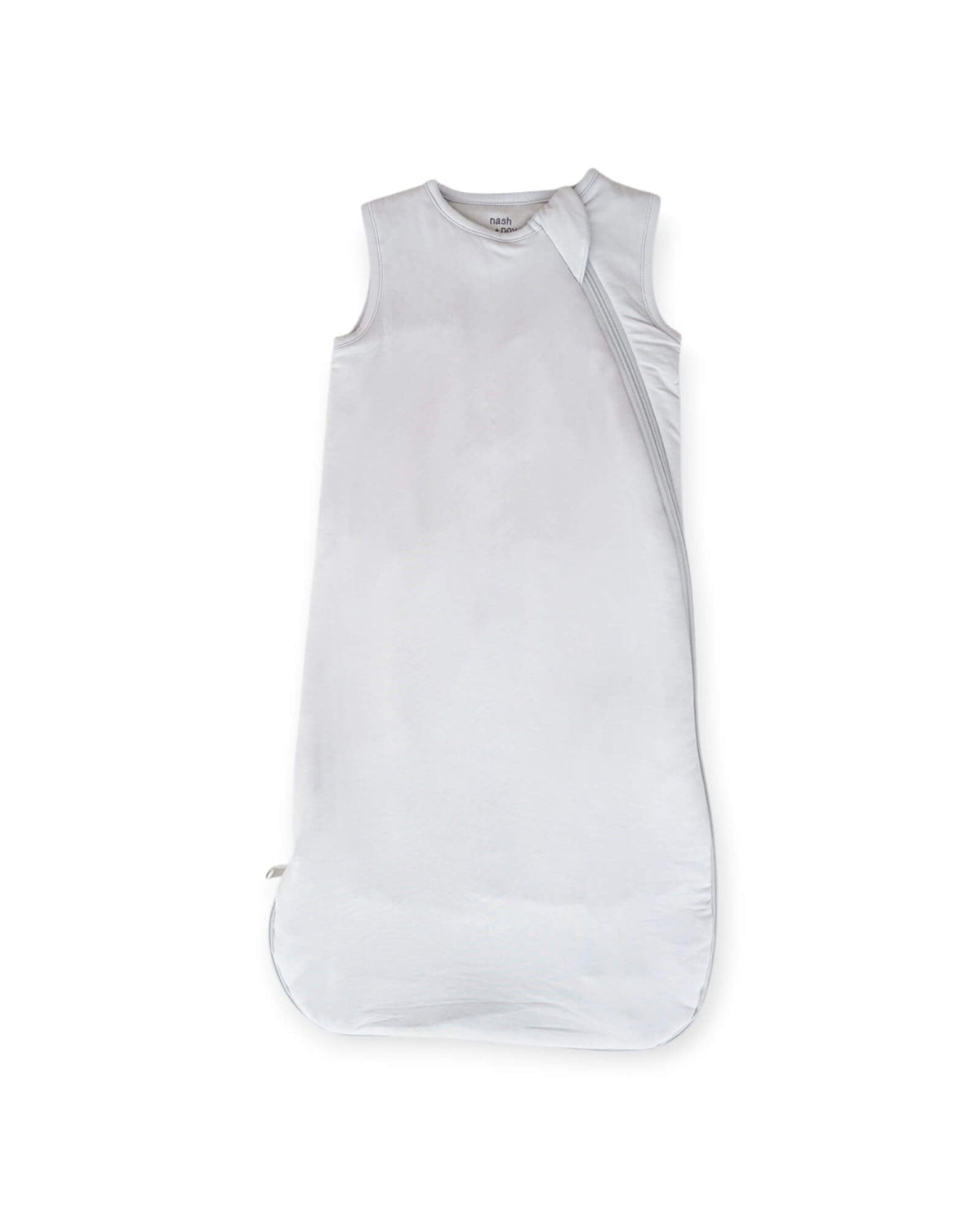 A light gray sleeveless baby sleep sack with a diagonal snap closure, shown flat against a white background.