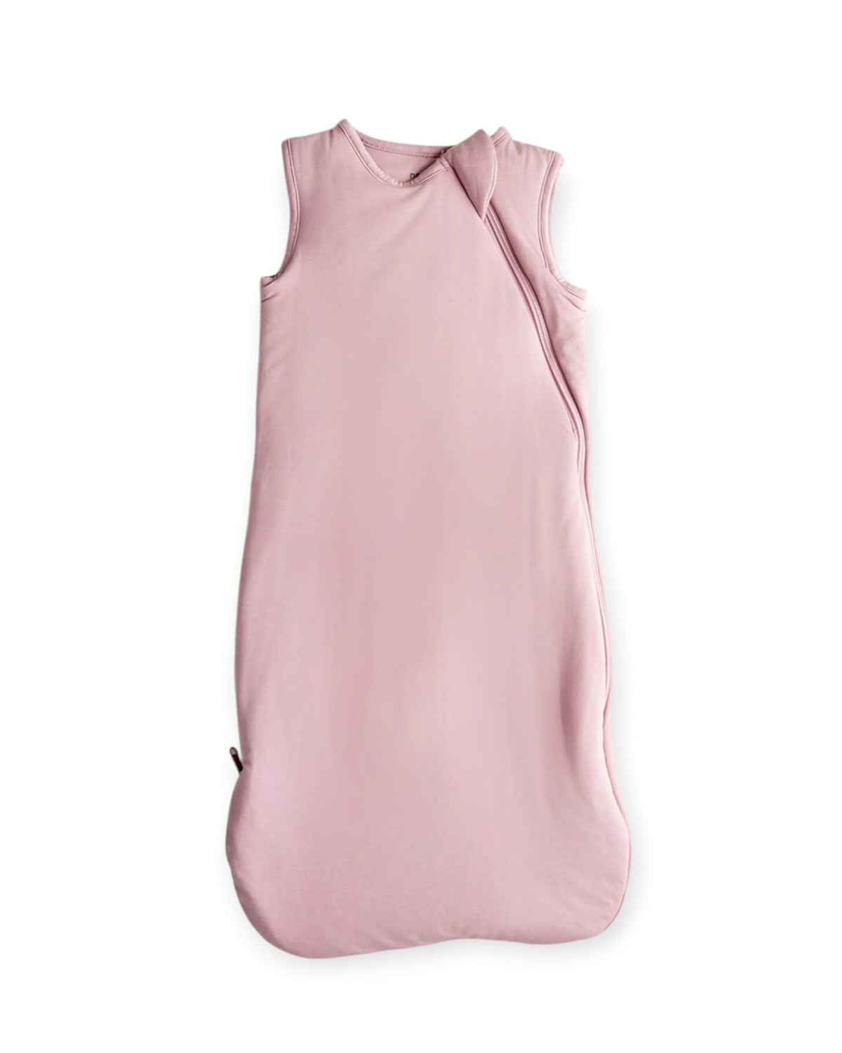 A light pink sleeveless baby sleep sack with a crossover front and zippered closure, shown flat on a white background.